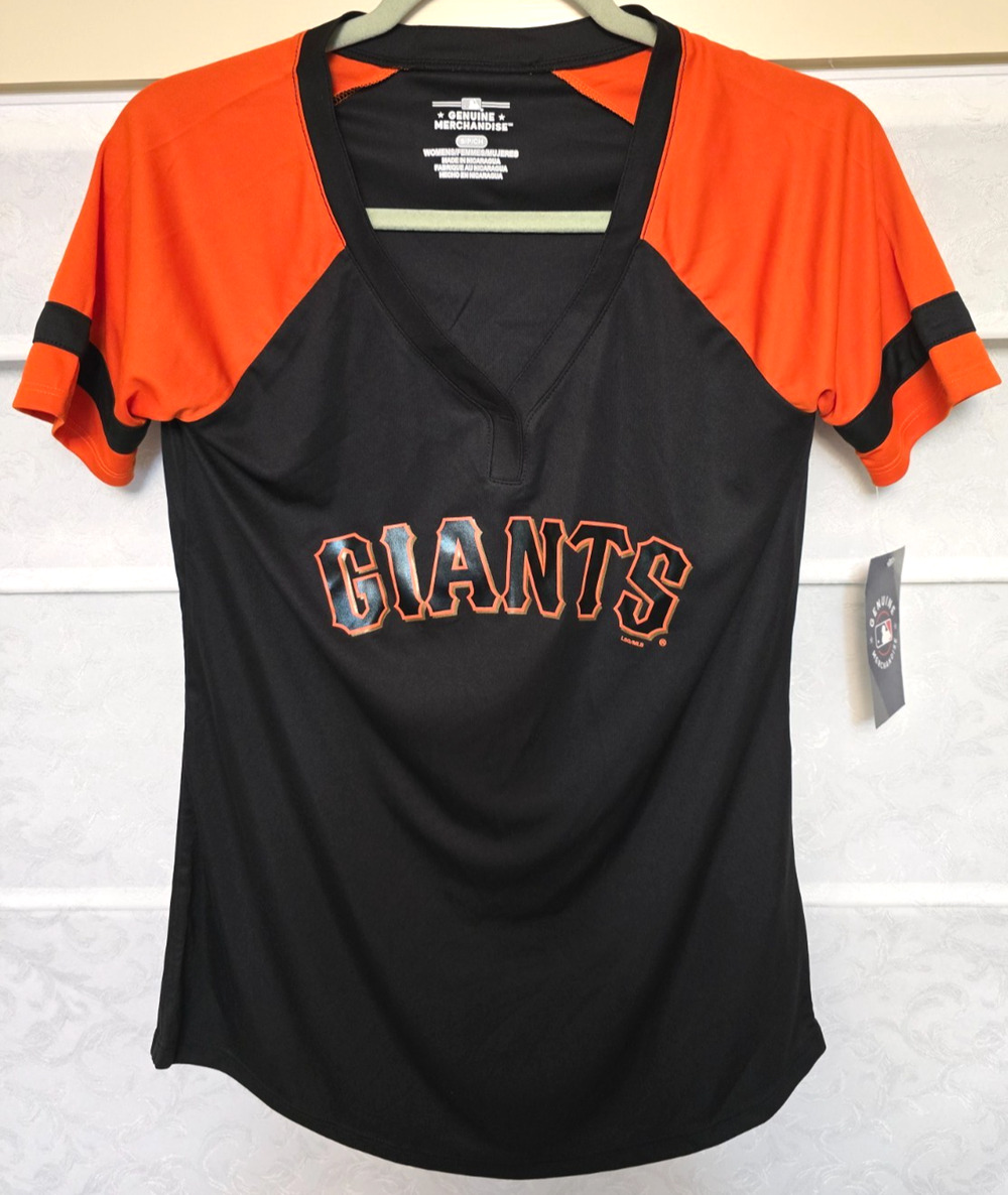 San Francisco Giants Shirt Womens Small Black Orange MLB V Neck Top NWT NEW